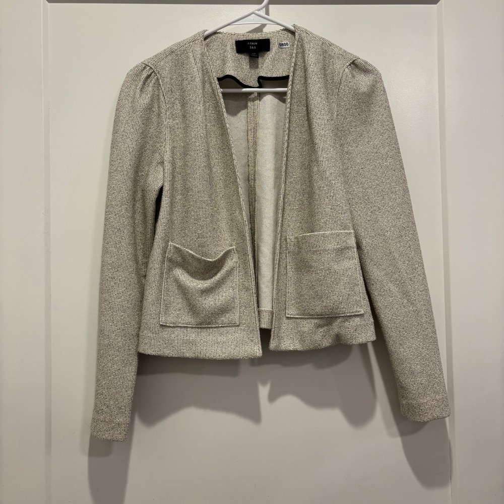 J.Crew 365 Womens XS Cream Black Textured Tweed Open Front Puff Shoulder Blazer